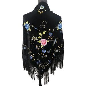 Vintage Black Floral Embroidered Silky Velvet Shawl Wrap Fringe Fairy Whimsical